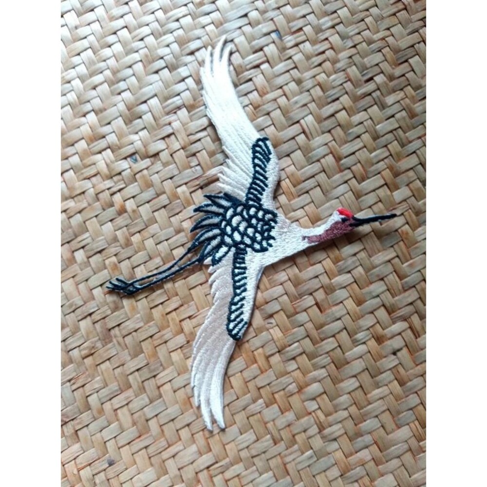 Iron-on patch Crane in flight, big bird 6"x 4.5" emboidered, unused